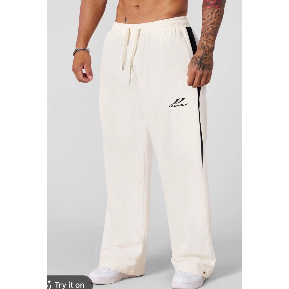 YoungLA 2042 Mens Wide Leg Track Pants Cream Black XL Mesh Lined Snap Hem